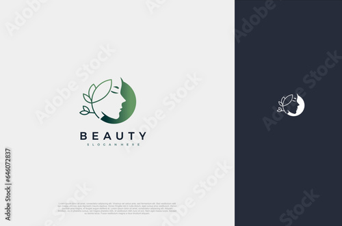 Natural beauty woman face and leaf logo. Concept for business industry of beauty fashion, salon, nature care, hair care, health, personal hygiene, makeup artist. Vector illustration