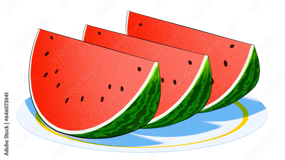 An illustration of three watermelon slices displayed on a plate. The illustration style is clean, simple, and refined. An illustration of three watermelon slices displayed on a plate. The illustration style is clean, simple, and refined.