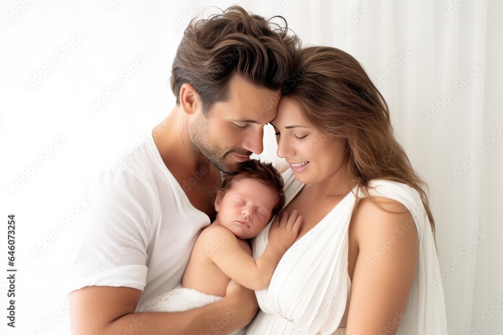 Both the mother and father lovingly cradle their newborn baby