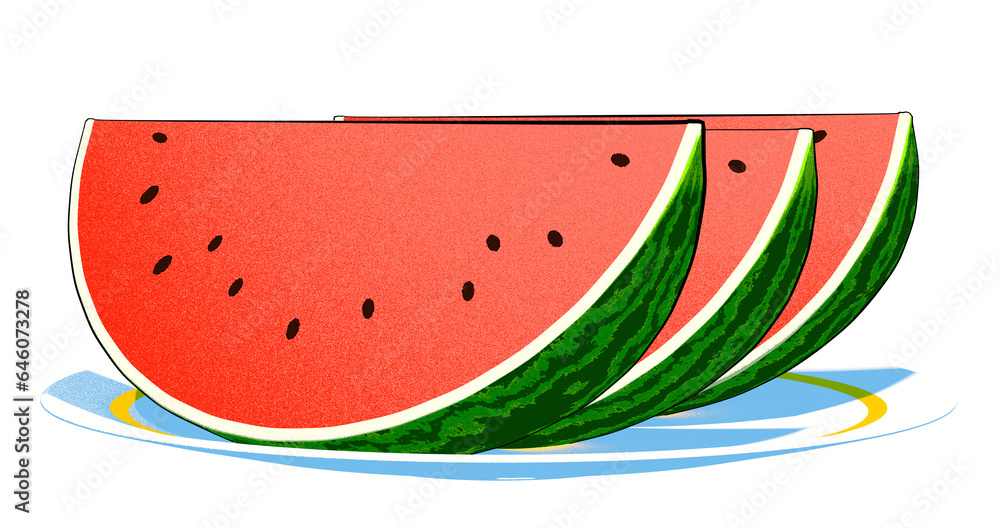 An illustration of three watermelon slices displayed on a plate. The illustration style is clean, simple, and refined. An illustration of three watermelon slices displayed on a plate. The illustration style is clean, simple, and refined.