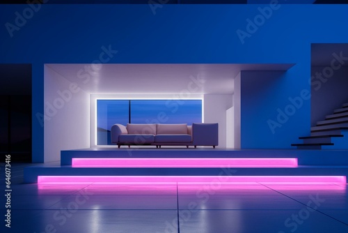 Abstract architectural interior of a minimalist house with neon lighting. Generative AI