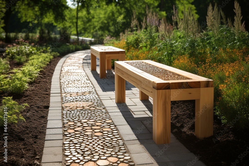 enjoy the ultimate summer indulgence: a walkway with solar-powered benches, cutting-edge technology, and intricate design & botanical features. Generative AI