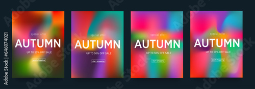 Trendy Autumn Liquid in Orange, Green, Red, Blue, Pink Colors. Gradient Colors for Advertising, Poster, Banner, Cover. Backdrop Fluid Bright Candy. Season Sale Offer 50% in Shop. 
