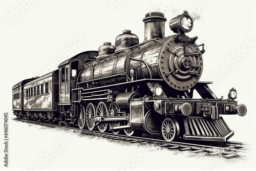 Old steam train in vintage style on white background. Generative AI