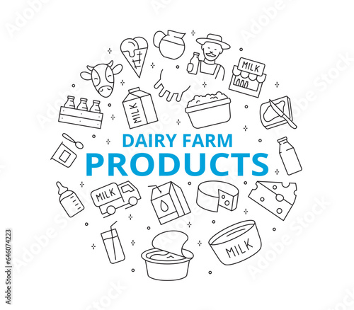 Set of linear icons for dairy farm products. Circular composition. It contains symbols such as milk, cheese, yogurt, oil, curd and much more.