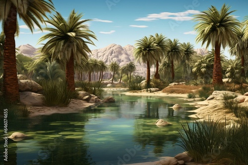 Water oasis with desert palm trees. Generative AI © Kaida