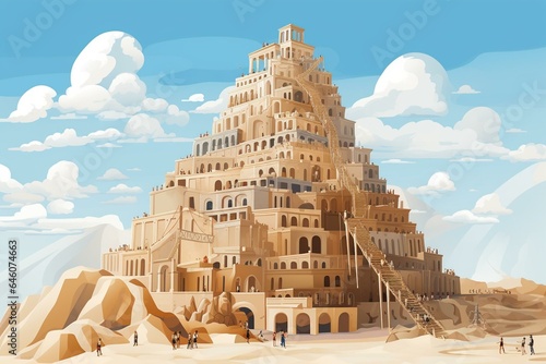 Abstract illustration of biblical Babel tower ziggurat construction. Generative AI photo