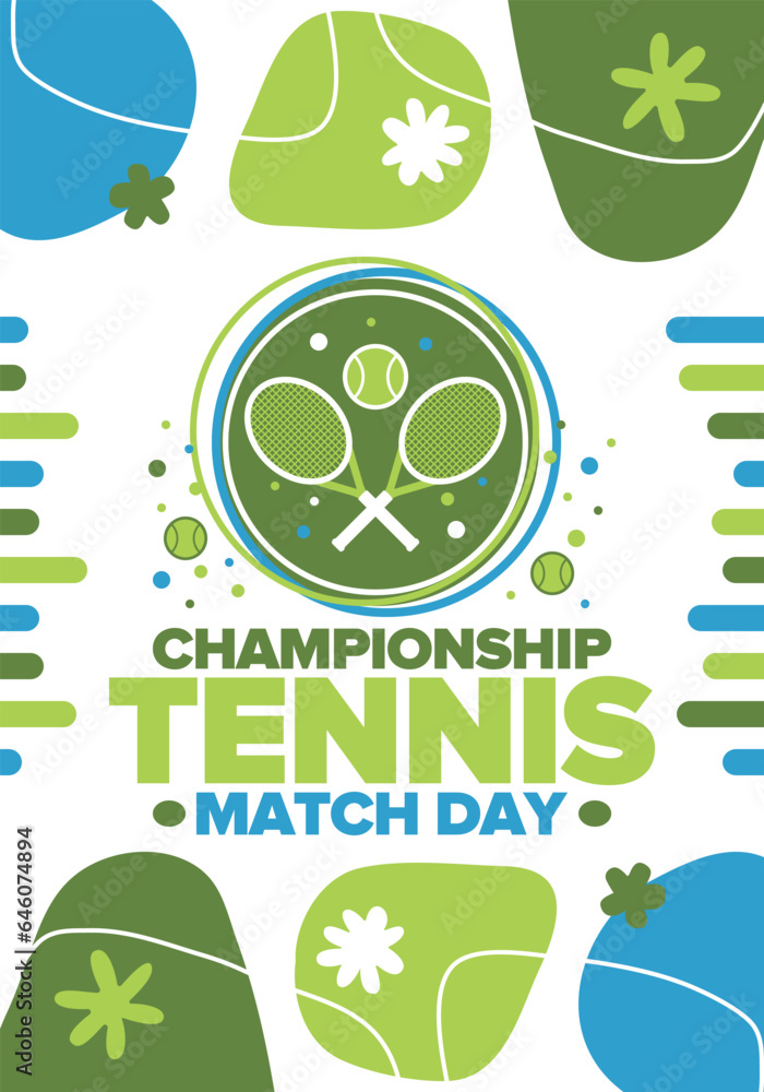 Tennis Championship Match Day. Tennis racket and tennis ball. Tournament play-off and final. Sport game, professional competition. Play for win. Tennis match score. Fitness and recreation. Vector