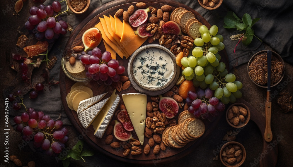 A rustic gourmet meal with fresh fruit, cheese, and wine generated by AI A rustic gourmet meal with fresh fruit, cheese, and wine generated by AI