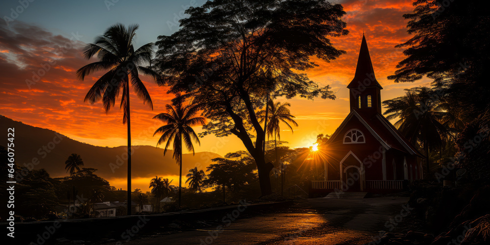 Serenely atmospheric Jamaican colonial-era church silhouette with tall steeple, nestled in lush tropical foliage - moody sky for an evocatively timeless feel.