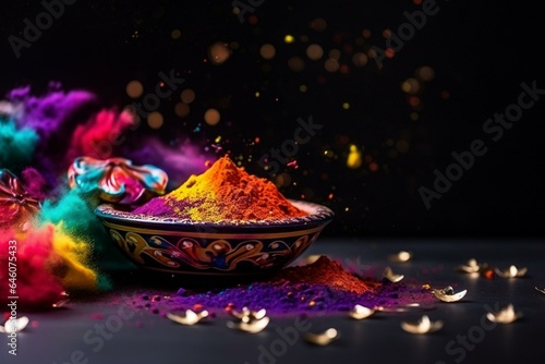 Celebration of Holi with vibrant colors on black background, a horizontal banner template with copy space. Generative AI © Eamon