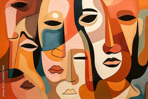 Abstract faces collage with expressionism and cubism style as background, wallpaper, or art print. Generative AI