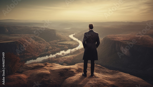 Businessman conquers extreme terrain, standing at mountain peak, admiring sunset generated by AI