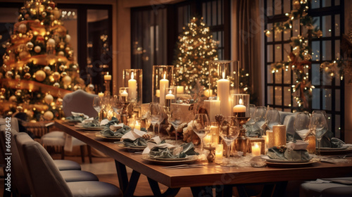 Table décorée pour Noël avec des bougies, de la décoration et un sapin de Noël