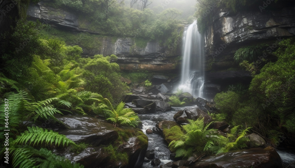 Fototapeta premium Tranquil tropical rainforest landscape, flowing water, green foliage, mountain range generated by AI