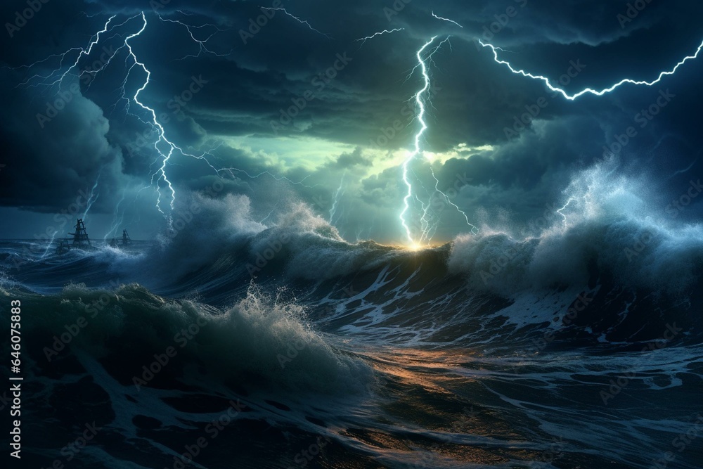 Intense lightning illuminates a stormy sea under a dark sky. Powerful waves crash relentlessly amidst a thunderous night. The raw force of nature depicted in a 3D render. Generative AI