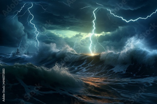 Intense lightning illuminates a stormy sea under a dark sky. Powerful waves crash relentlessly amidst a thunderous night. The raw force of nature depicted in a 3D render. Generative AI