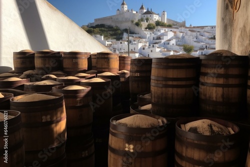 Experience Spanish fortified wine and admire the picturesque view of old Andalusian town roofs and houses. Generative AI