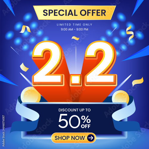 2.2 special offer banner with blue background, coin and ribbon. Use for social media and website. Discount up to 50% Off. Sale campaign or promotion.