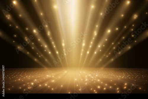 Light and glitter illuminating the stage. Abstract golden background to showcase products. Realistic spotlight rays. Generative AI