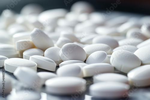 Close up of a pile of white colored pills or capsule on white marble. Medical and treatment hospital concept.