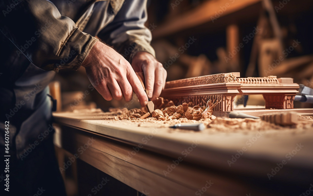 Closeup on the hands of a carpenter craftsman builds furniture in his workshop Closeup on the hands of a carpenter craftsman builds furniture in his workshop