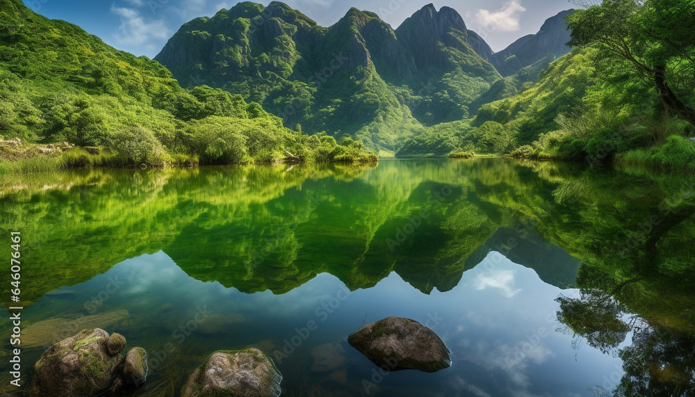 Tranquil scene of mountain peak reflected in pond, surrounded by forest generated by AI Tranquil scene of mountain peak reflected in pond, surrounded by forest generated by AI