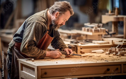 A carpenter craftsman builds furniture in his workshop