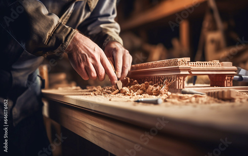 Closeup on the hands of a carpenter craftsman builds furniture in his workshop