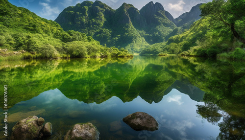 Tranquil scene of mountain peak reflected in pond, surrounded by forest generated by AI