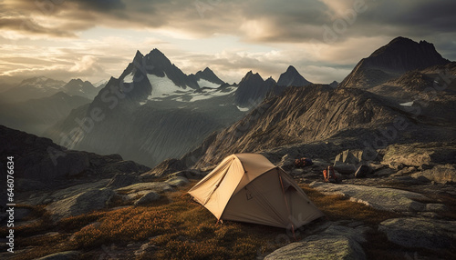Men hike to majestic mountain peak for camping adventure in nature generated by AI