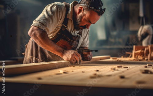 A carpenter craftsman builds furniture in his workshop