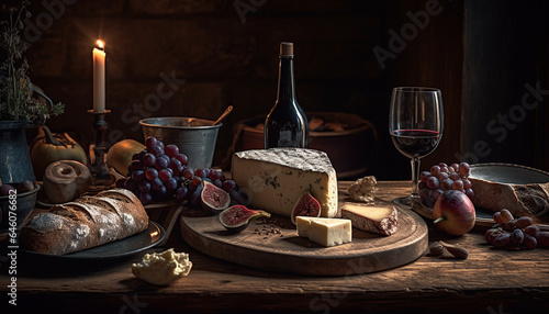 Rustic wood table with gourmet meal variation and wine bottle generated by AI