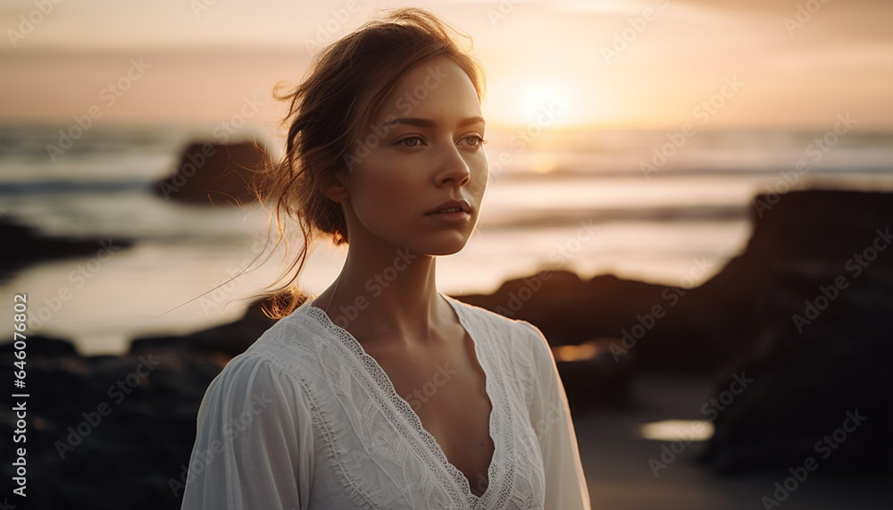 Young woman standing in nature, looking at camera, carefree and happy generated by AI Young woman standing in nature, looking at camera, carefree and happy generated by AI