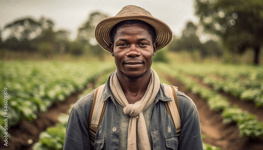 African farmer smiling, looking at camera, surrounded by nature harvest generated by AI