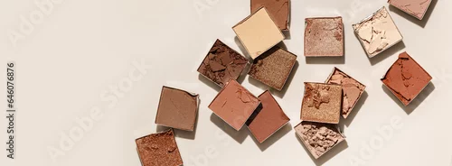 Obraz Natural colored eye shadow makeup palette, crushed face powder swatches. Woman cosmetic and beauty product, aesthetic cosmetics wide banner, beige color eyeshade pattern, copy space, beauty