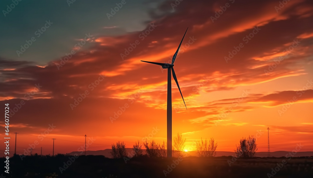 Silhouette of wind turbine spinning against moody sunset sky generated by AI