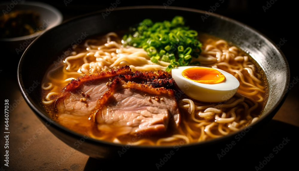 Bowl of ramen noodles with pork, vegetables, and chopsticks generated by AI