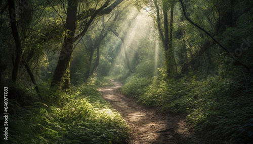 Tranquil forest footpath reveals the mystery of nature beauty generated by AI