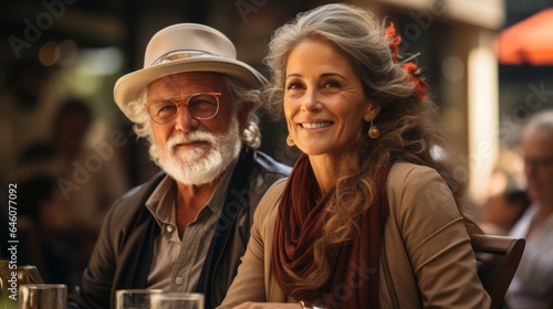 an elderly happy couple enjoying life in a cafe