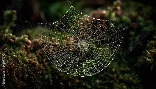 Spinning web traps dew drops, showcasing spider beauty in nature generated by AI