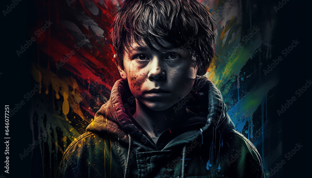 Young adult male portrait looking at camera in spooky black background generated by AI Young adult male portrait looking at camera in spooky black background generated by AI