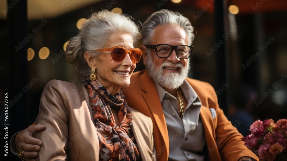 Stylish Pensioners enjoy life sitting in a sidewalk cafe Stylish Pensioners enjoy life sitting in a sidewalk cafe