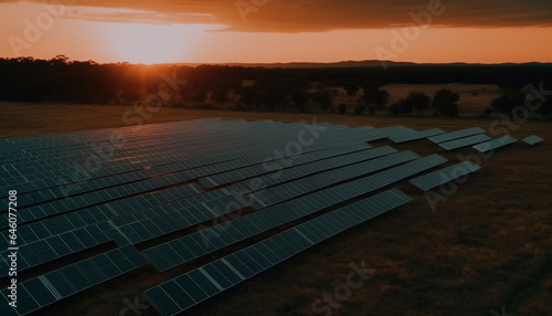 Sunset over solar power station generates sustainable energy for agriculture generated by AI