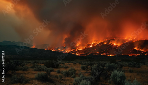 Burning mountain range, inferno sunset, dramatic sky, glowing flame, arid climate generated by AI © Stockgiu