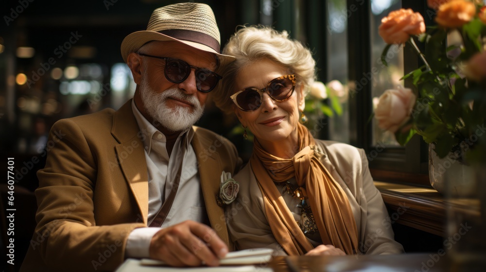 Stylish Pensioners enjoy life sitting in a sidewalk cafe