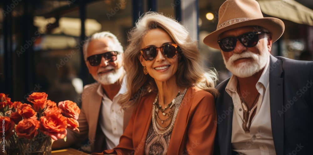 Stylish Pensioners enjoy life sitting in a sidewalk cafe