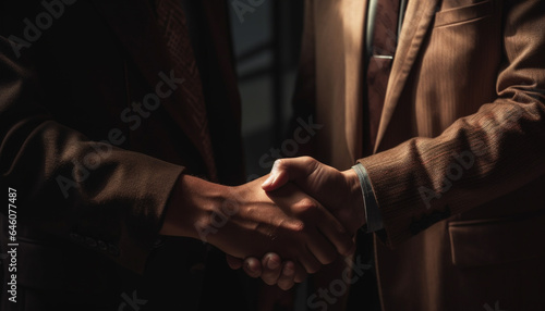 Two businessmen shaking hands in a successful business agreement indoors generated by AI