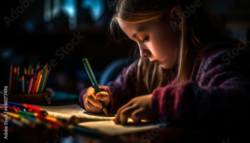 Cute Caucasian girl concentrating on colorful art activity indoors generated by AI