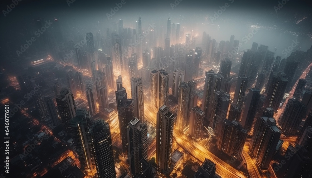 Modern skyscrapers illuminate city skyline at night, a futuristic landscape generated by AI